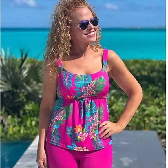 Kim Gravel Hot Pink Multicolored Scoop Neck Tankini Set with Bike Shorts - Sz 14 - Picture 10 of 10